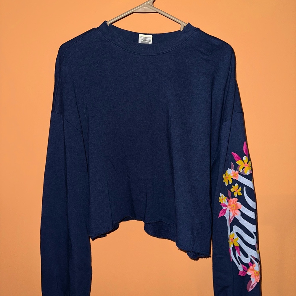 PINK Navy Blue Long Sleeve Top with Floral Sleeve Design